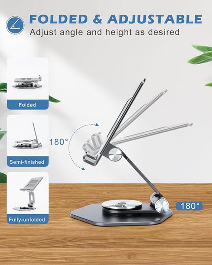 Foldable Aluminum Tablet Stand for Desk, 360° Swivel iPad & Tablet Holder – Portable & Stable Desktop Mount for 5–12.9in Devices, Grey