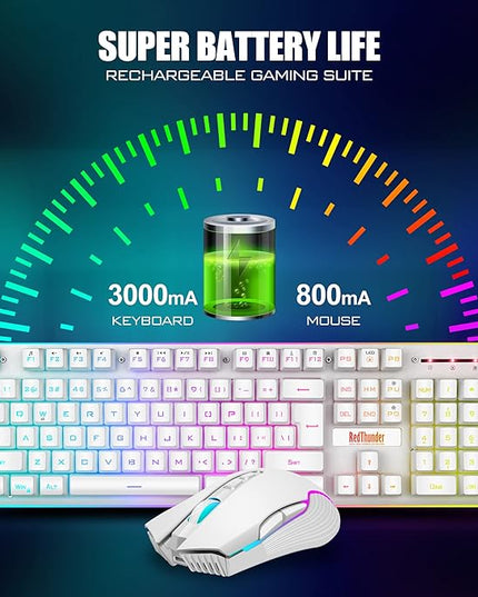 RedThunder K10 Wireless Gaming Keyboard and Mouse Combo, LED Backlit Rechargeable 3800mAh Battery, Mechanical Feel Anti-ghosting Keyboard + 7D 3200DPI Mice for PC Gamer (White)