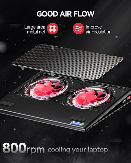 TECKNET Laptop Cooling Pad - 12"-15.6" Laptop Cooler, Powerful Cooler and Ultra Quiet for Gaming Laptops Pad, 2 Wind Speed Adjustable, USB A & C Powered Cooler Stand with Laptops Fan LED (Red)