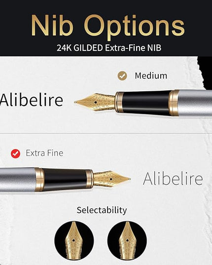 HDDNB Silver Luxury Fountain Pen Set for Men and Women with Gift Box, 24K Gold Finish and Gilded Nib(Extra Fine) with 5 Black Ink Cartridges and Converter
