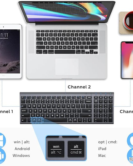 iClever BK10 Bluetooth Keyboard, Wireless Rechargeable Ultra-Slim Keyboard with Long Battery Life, Compatible with iOS, Android, Windows, Mac for iPad, Tablet, Laptop, PC, Phone (Gray Black)