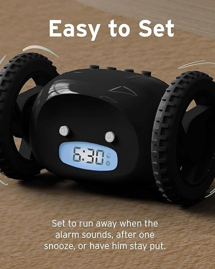 CLOCKY Extra Loud Alarm Clock for Heavy Sleepers on Wheels Rolls Runaway Vibrating Easy To Set Super Smart Snooze Digital Bed Shaker Alarm Clock Funny Gift for Adults Kids Teens Bedroom (Black Wheels)