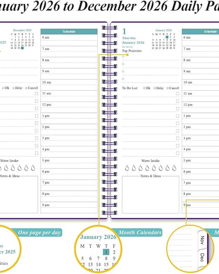 Daily Planner 2026 Full Page Per Day- 2026 Daily & Monthly Planner from January 2026 to December 2026, Day Planner 2026 with 12 Months Tabs, 6.4" x 8,5", Purple