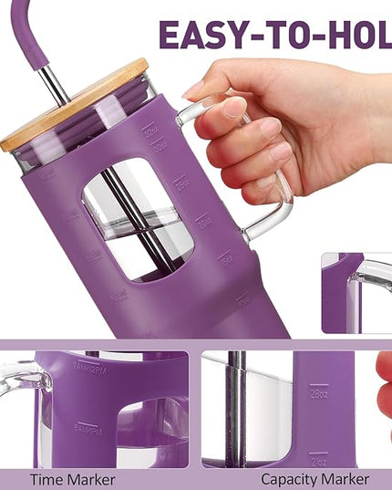 Glass Tumbler with Straw & Lid, 32 oz Glass Cup with Handle, Water Bottles with Time Marker - 2 Straws & Silicone Protective Sleeve Dark Purple