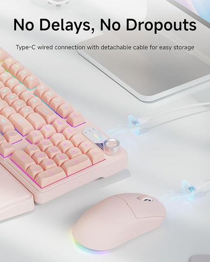 C98 Wired Keyboard and Mouse Combo, Wired Computer Keyboards with Wrist Palm, Double-Shot Keycaps, Silent RGB Backlight Keyboard for Windows/MAC/PC (Creamy Pink)