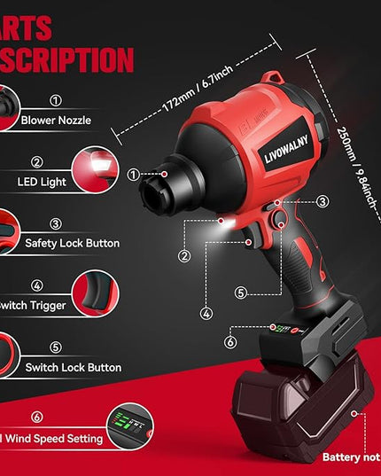 LIVOWALNY Cordless Air Pump Dust Blower Compatible with Milwaukee 18V Battery, Brushless Air Duster Compressed Air Mattress Pump w/ 3 Speeds & 7 Nozzles & 447 MPH/39 CFM for Workshop Cleaning
