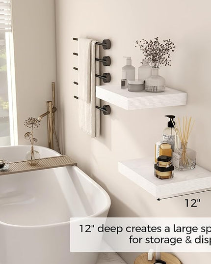 Fun Memories 12 Inch Floating Shelf, Rustic Wood Wall Shelves for Wall Decor & Storage, 12 x 12 Floating Shelf for Living Room, Bathroom, Bedroom, White, Set of 2