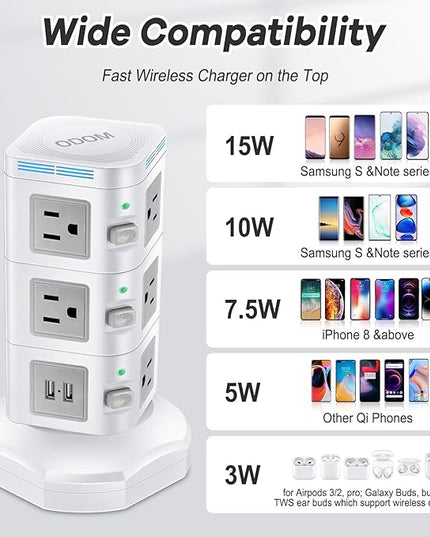 Power Strips Surge Protector 1800J, ODOM Power Strip Tower with 15W Wireless Charger, 13A,4 USB Ports + 10 AC Outlets + 6 Ft Retractable Extension Cord,Plug Outlet Charging Tower for Home Office