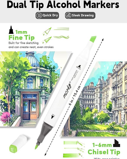 120 Colors Alcohol Markers with Free App, Chisel & Fine Tip Alcohol-Based Marker Set for Adults, Dual Tip Artist Markers for Drawing, Coloring Illustration, Painting and Great Gift Idea