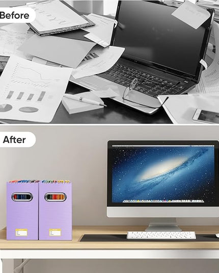 BALEINE File Organizer Box, Cardboard File Folder Organizer with Handle for Letter Size, Portable Collapsible Hanging Filing Box for Home Office Document Storage (4 Pack, Lavender)