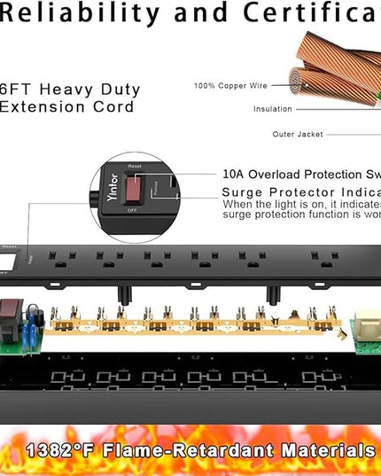 6Ft Power Strip Surge Protector - Yintar Extension Cord with 6 AC Outlets and 3 USB Ports for for Home, Office, Dorm Essentials, 1680 Joules, ETL Listed, (Black)