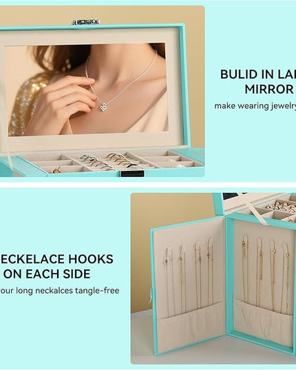 Frebeauty Large Jewelry Box,6-Tier PU Leather Jewelry Organizer,Multi-functional Storage Case with Mirror,Accessories Holder with 5 Drawers for Necklace Bracelets Watches(Turquoise)