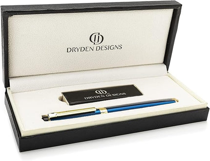 Dryden Designs Fountain Pen. Medium Nib Premium Box | 6 Ink Cartridges Included (Mysterious Blue)