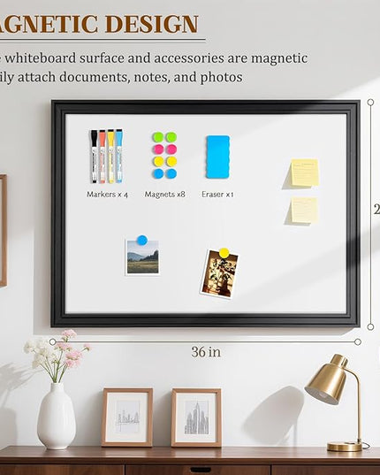 Large White Board for Wall, 36'' x 24'' Magnetic Dry Erase Board, Decorative Whiteboard, Black Vintage Wooden Frame