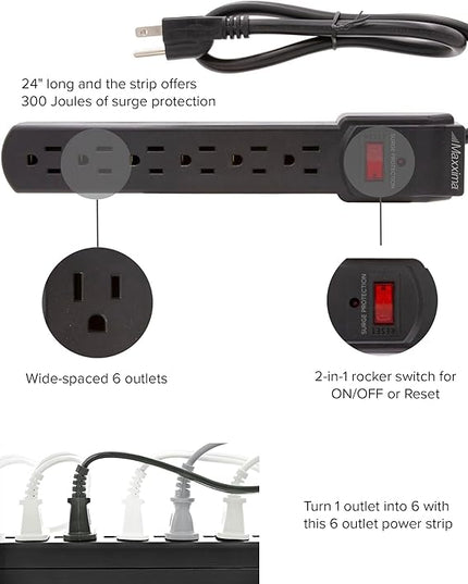 Maxxima 4-Pack 6 Outlet Power Strip Surge Protector - 300 Joules, Features Red On/Off Switch, Powers Multiple Electronics and Devices Simultaneously, Perfect for Home Appliances - Black