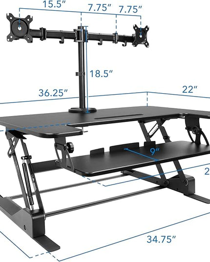 Mount-It! Standing Desk Converter Dual Monitor, 2 Screen Mounts Included, Height Adjustable Desk Riser in Black, Stand Up Desk Convertor Large 36" Wide, Sit Stand Convertor with Manual Lift Gas Spring