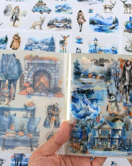 Dwpetzo Winter Pre-Cut Journal Sticker Book for Junk Journaling, Transparent PET White Snow Landscape Stickers for Scrapbook Supplies, Scrapbooking, Collage, Planners, Bujo, 20 Sheets