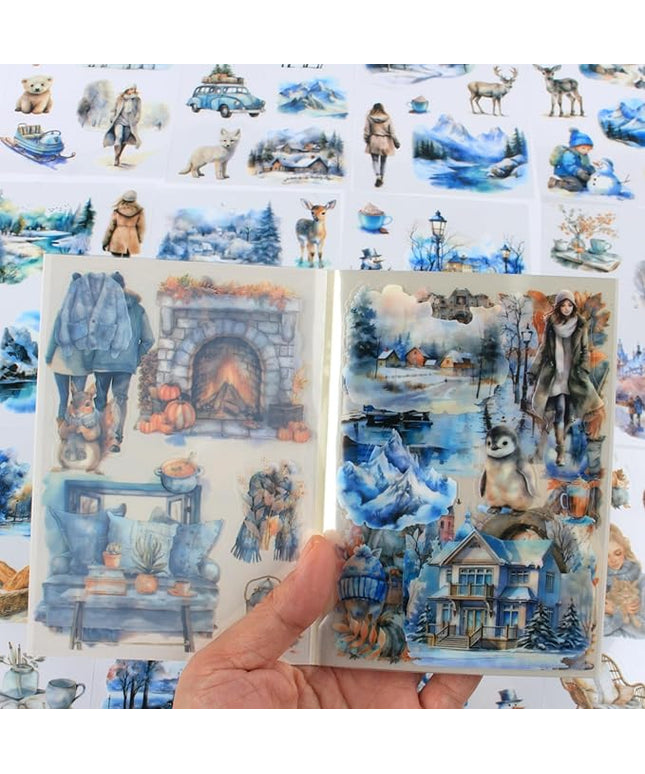 Dwpetzo Winter Pre-Cut Journal Sticker Book for Junk Journaling, Transparent PET White Snow Landscape Stickers for Scrapbook Supplies, Scrapbooking, Collage, Planners, Bujo, 20 Sheets