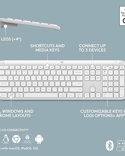 Logitech Signature Slim K950 Wireless Keyboard, Sleek Design, Switch Typing Between Devices, Quiet Typing, Bluetooth, Multi-OS, Windows, Mac, Chrome - Off-White