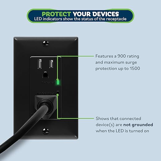 TOPGREENER Surge Protector Receptacle with Grounding Indicator, Child Safe, Tamper-Resistant, Self-Grounding, 900 Joules, 2-Pole, 15A 125V, UL Listed, TGTRSS215R-BK, Black