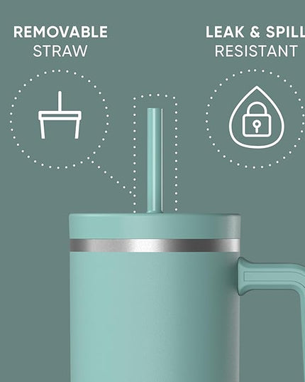 Hydrapeak Voyager 40 Oz Stainless Steel Tumbler with Handle, Insulated Water Bottle With Straw & Lid, Cupholder Friendly Reusable Travel Mug (Pale Sage)