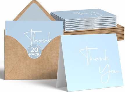 VNS Creations 20 Pack Thank You Cards With Envelopes, Stickers, 4x6 Inch Blank Thank You Notes - Bulk Box Set Large Notes for Graduation, Wedding, Small Business, Baby & Bridal Shower - Light Blue