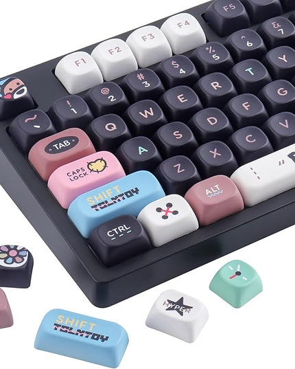 Tsungup PBT Keycaps-Black Cute MOA Keycaps,130 Keys Dye Sub Bear Theme Custom Key Caps Keyboard Keycap Set for 100%, 75%, 65%, 60% Mechanical Keyboard