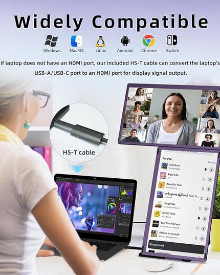 BKVOO 15.6" Laptop Screen Extender Monitor - Detachable Triple Monitor FHD 1080P IPS 120% sRGB 235° Rotation Travel Extra Screen Compatible with Wins Mac Chrome Dex Fits 13-17" Laptop