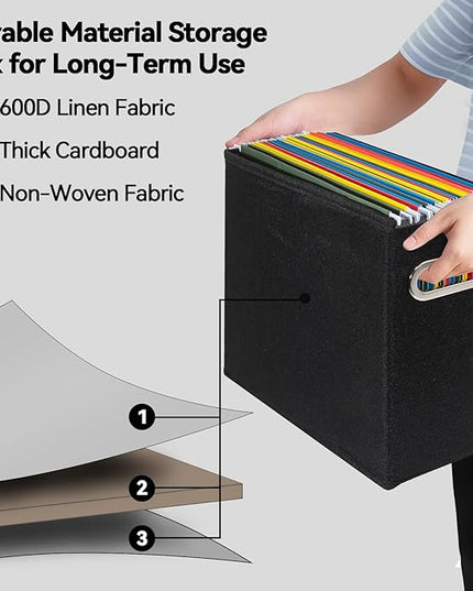 4 Pack Letter Size File Storage Box Collapsible, Fabric Hanging File Folders Organizer, Portable Office Document Holder with Metal Handle, Smooth PVC Rails, Black
