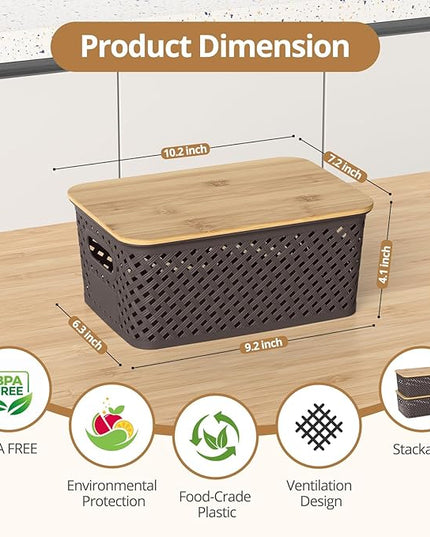 Plastic Storage Bins with Bamboo Lids, Stackable Small Box Baskets for Organizing and Containers for Shelves Drawers Desktop Closet Pantry Classroom Office Home, 6 Pack 10.2x7.2x4.1 Inch, Brown