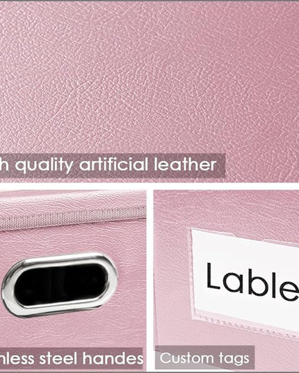 PRANDOM Collapsible Storage Box with Lid [3-Pack] Leather Fabric Foldable Storage Bin Organizer Container Basket Cube with Cover for Home Bedroom Closet Office Nursery Pink(22.8X15.7X11.8)