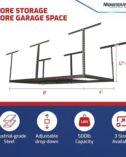 MonsterRax 4x8 Overhead Garage Storage Rack Frame Kit - Hanging Storage Shelves, Ceiling Storage Rack System, Overhead Garage Organizers And Storage, Ceiling Shelving - (Hammertone, 12"-21")