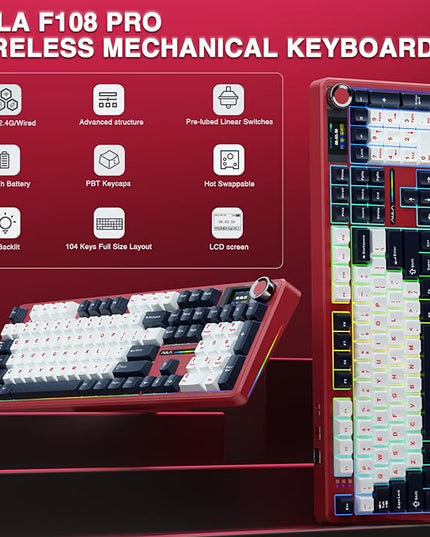 AULA F108 PRO - Wireless Mechanical Keyboard with Screen&Knob,Hot Swappable Gaming Keyboard with 8000mAh Battery,Pre-lubed Switches,RGB Backlit,PBT Keycaps Creamy Sounding Computer Keyboards,104 Keys