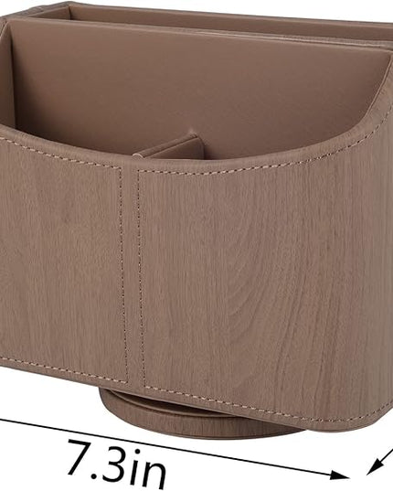 RHCSZ Leather Remote Control Holder/Caddy 360 Degree Rotating, Desk Organizer for TV Remote Controllers,Pen,Calculator,cell phone,gadget storage box,Nightstand Decoration(Light wood grain)