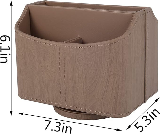 RHCSZ Leather Remote Control Holder/Caddy 360 Degree Rotating, Desk Organizer for TV Remote Controllers,Pen,Calculator,cell phone,gadget storage box,Nightstand Decoration(Light wood grain)