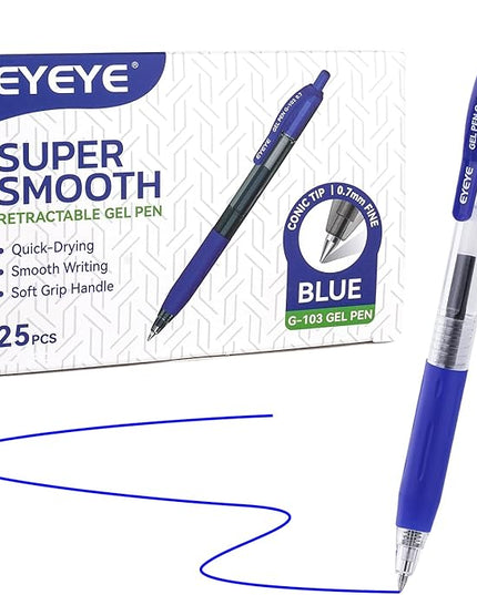 EYEYE G-103 Retractable Gel Pens 0.7mm, 25 Pack 0.7 mm Blue Ink Medium Point Ballpoint Pen Quick Drying, Pen Fine Point Smooth Writing Pens for for Office School Supplies
