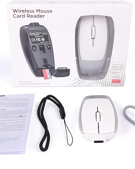 Mini Wireless Bluetooth Mouse, with Card Reader (Up to 2TB) Portable Small Silent Rechargeable Optical Travel Thin Finger Mice 3 Levels DPI for PC/Smartphone/Laptop/Tablet Student Kids Gift（Silver）