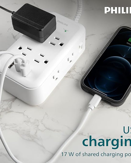 Philips Surge Protector, 8 Outlet, 2 USB-A, 1 USB-C, 17W, 3120J, Braided Cord, 6ft, White