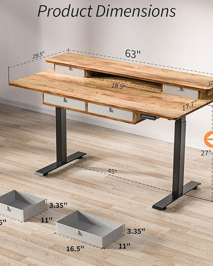Kingant Standing Desk with Drawers & USB Charging Port, 63" x 30" Height Adjustable Home Office & Gaming Desk, Sit Stand Desk with Built-in Storage Shelf, Hook & Ergonomic Design(Light Rustic)