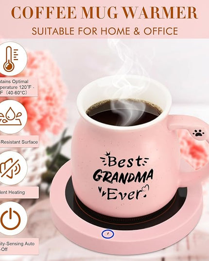 Coffee Mug Warmer, Best Grandma Ever Mug, Cute Cat Mug Set, Coffee Cup Warmer for Desk, Gifts for Grandma, Pink Heated Coffee Warmer for Nana Home Office Christmas Birthday Gifts