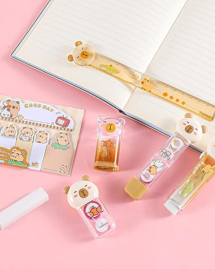 Kogcmeetl 7Pcs Cute Capybara Stationary Set Kawaii School Supplies Japanese Stationery, Includes Pencil Sharpener, Eraser, Correction Tape, Glue Tape, Sticky Notes, Ruler, for Office School Supplies