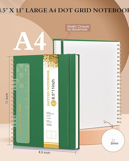 Dotted Notebook, Spiral Notebook Journal 8.5” x 11”, A4 Large Dot Grid Notebooks for Women Men, 100 GSM Dotted Paper, Plastic Hardcover Spiral Bullet Journals for Work School Sketching, Green