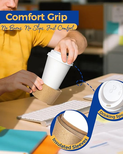 Fit Meal Prep 50 Pack 8 oz Disposable Coffee Cups with Lids, Sleeves, Leak-Proof To Go Coffee Cups with Lids, Durable Hot Paper Cups for Home, Office, Party, Business