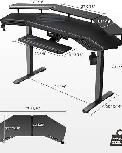 EUREKA ERGONOMIC Gaming Desk, Standing Desk w Keyboard Tray, 72" Wing Shaped Music Studio Table with LED Shelves, Gaming Recording Live Stream, Slot Design