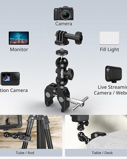 SMALLRIG Super Camera Clamp Mount 2-Pack, Double Ball Head Magic Arm Adapter, Fence/Desk/Tripod Mount for Monitor/Light/Camera, for Insta360, for Gopro, for Osmo Pocket 3, 5321