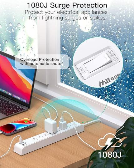 2 Pack Power Strip, 12FT Long Extension Cord, Surge Protector with 6 Outlets and 4 USB Ports (2 USB C), Flat Plug Overload Protection, Extension Cord 10+ ft, Wall Mount for Home Office Dorm College