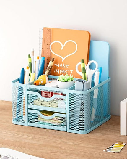 Marbrasse Mesh Desk Organizer, Pen Organizer with 2 Drawer, Multi-Functional Pencil Holder, Desk Organizers and Accessories with 5 Compartments + Drawer for Office Art Supplies (Blue)