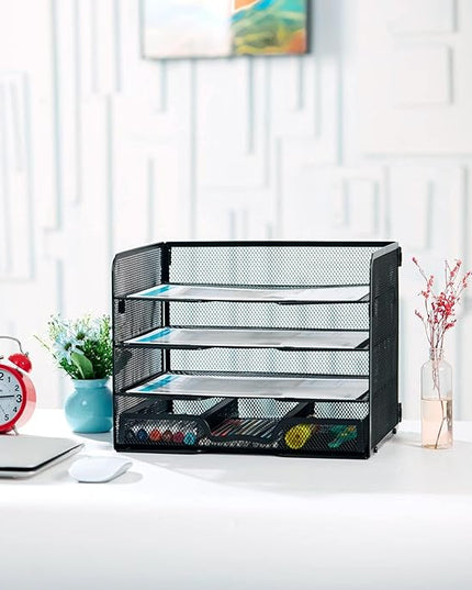 SETTFRFE 4 Tier Mesh Paper Letter Tray,Desk File Organizer with A Sliding Drawer,Office Supplies Desk Organizer for Home Office,Black.