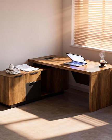 Retractable L-Shaped Executive Desk, Modern Office Desk with Drawers and Lateral File Cabinet, Large Computer Desk with Storage Shelves, Workstation for Home Office (Left Return, 70.86 - 78.7 IN)
