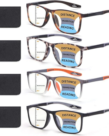 BLOEXCLU 4 Pack Progressive Multifocus Reading Glasses for Men Women TR90 Sports Style Anti-Blue Light Computer Readers